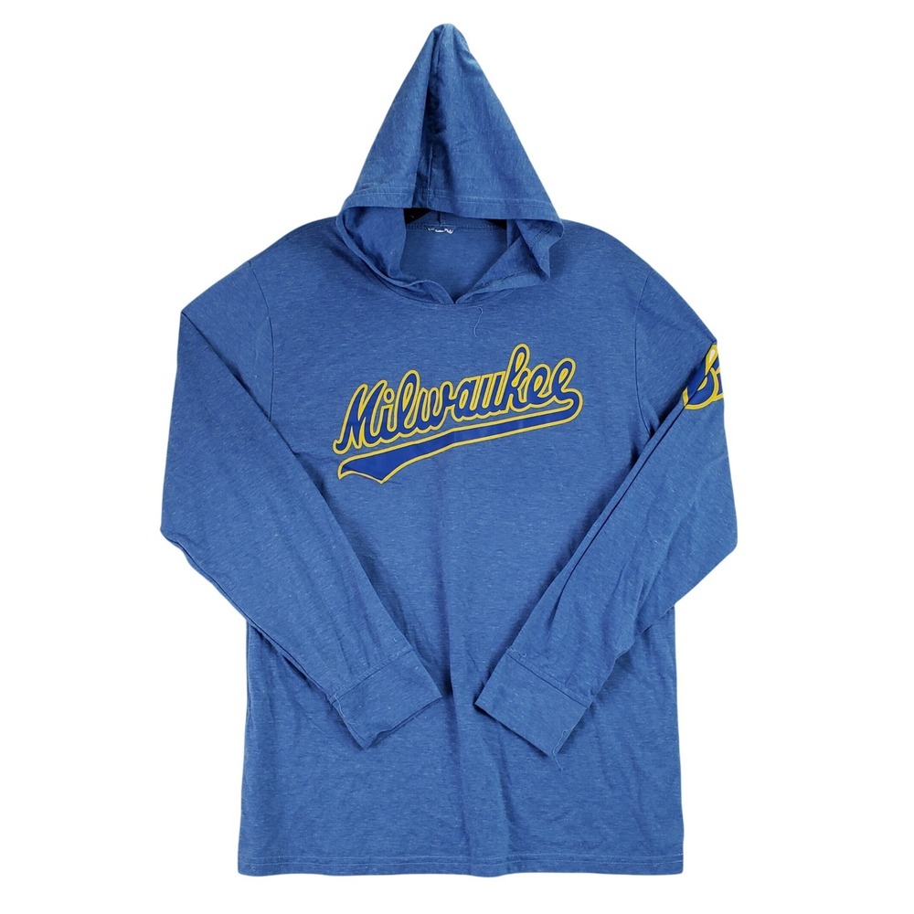 Milwaukee Brewers Hooded T-Shirt Mens M Blue MLB Baseball Fan Gear Sportswear